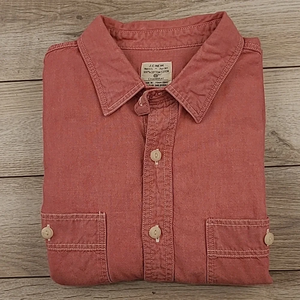 J CREW‎ Chambray Red Denim Cotton Mens Medium Long Sleeve Work Shirt